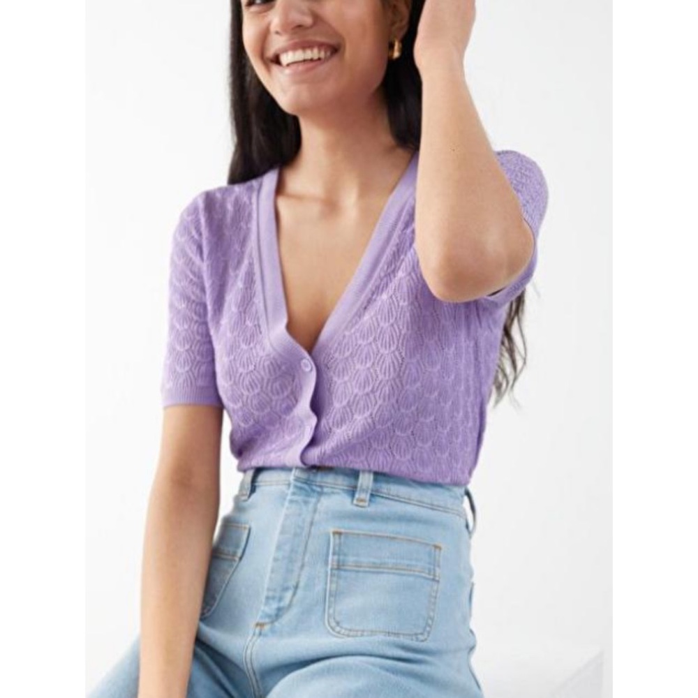 & OTHER STORIES Short Sleeve Pointelle Cardigan Size L Lavender Button Up V-Neck